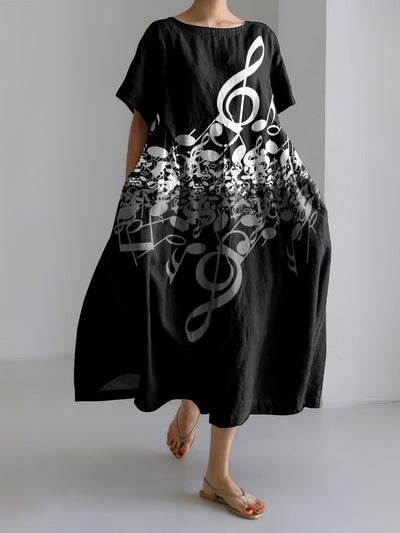 Musical Note Print Short Sleeve Loose Midi Dress