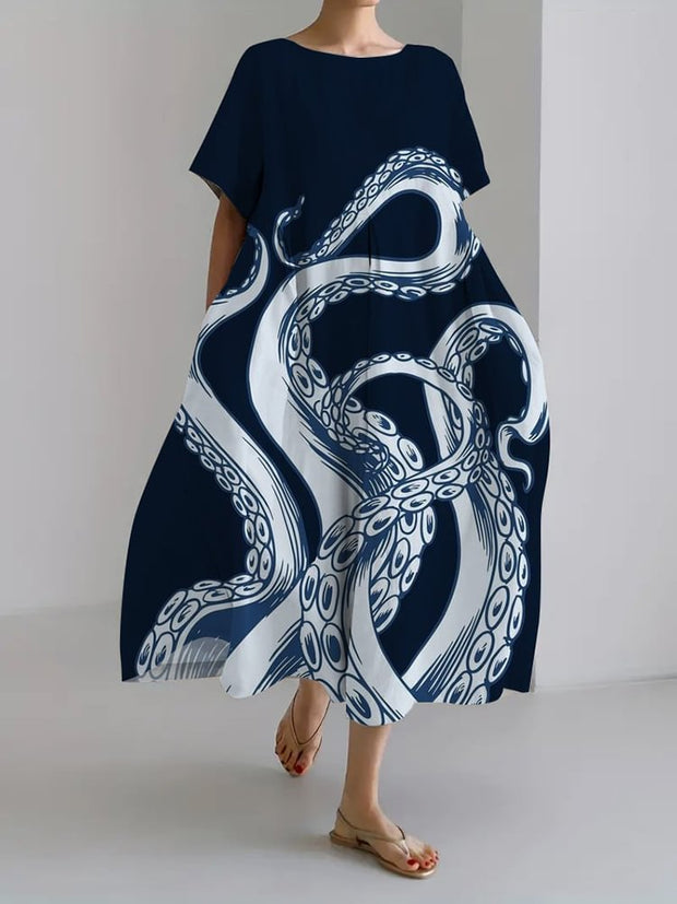 Ocean Octopus Japanese Art Linen Blend Casual Dress