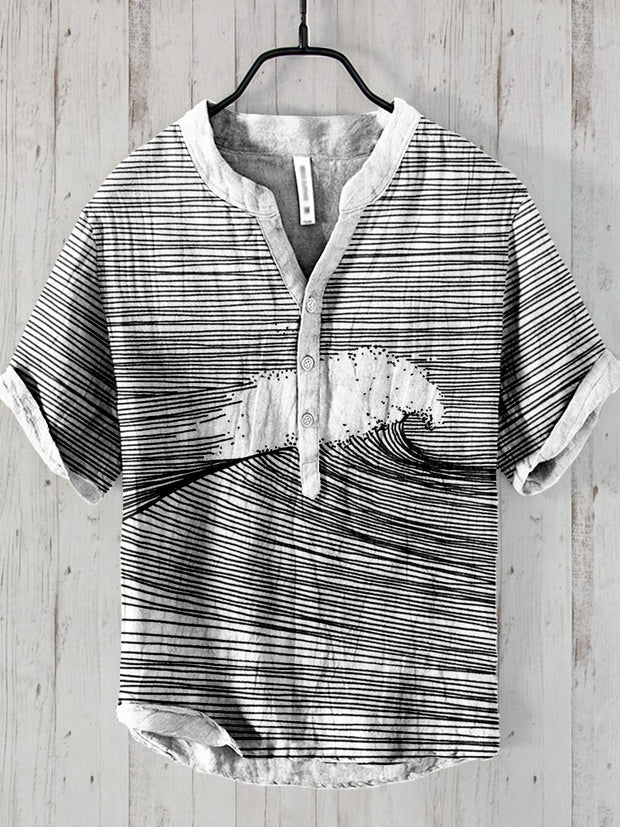 Ocean Waves Pattern Linen Blend Cozy Shirt