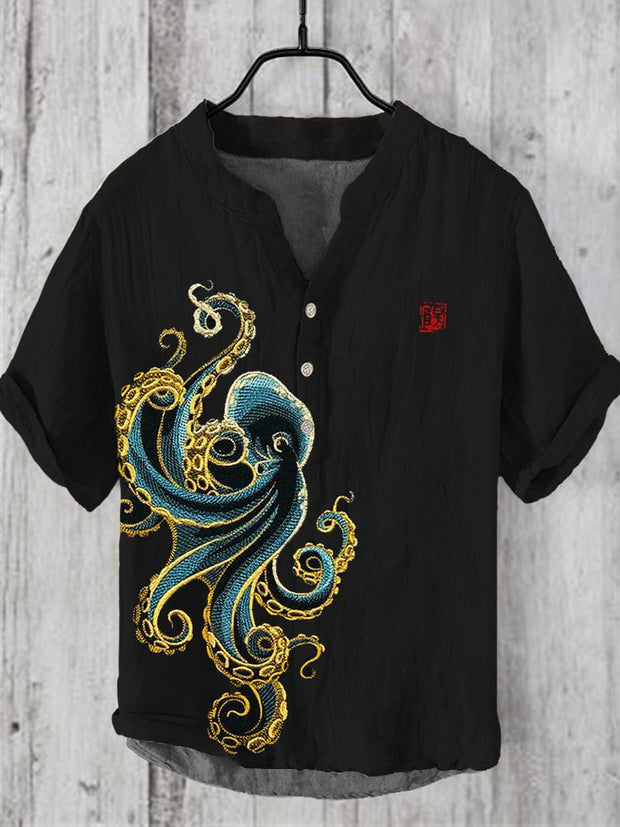 Octopus Embroidered Japanese Linen V-Neck Shirt