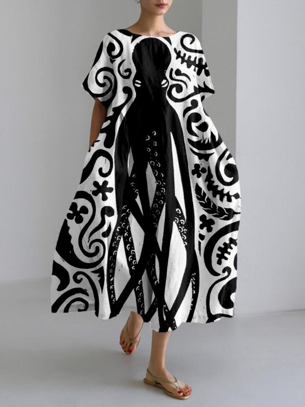 Octopus Lino Art Linen Blend Maxi Dress
