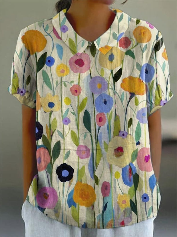 Oil Painting Spring Field Art Printed Women's Casual Cotton And Linen Shirt