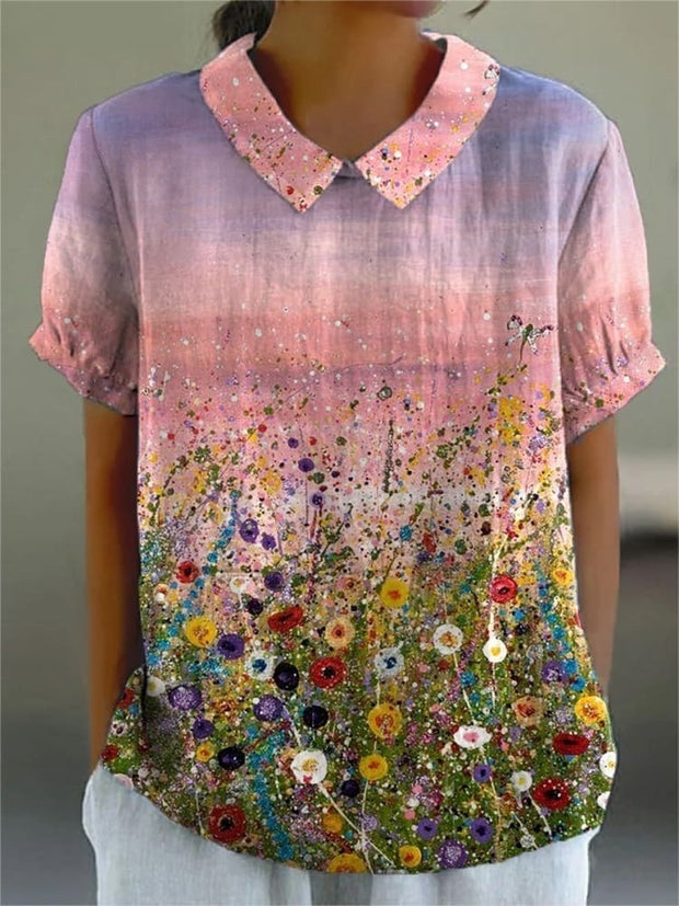 Oil Painting Summer Field Art Printed Women's Casual Cotton And Linen Shirt