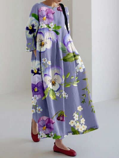 Pansy Flower Pattern Linen Blend Maxi Dress