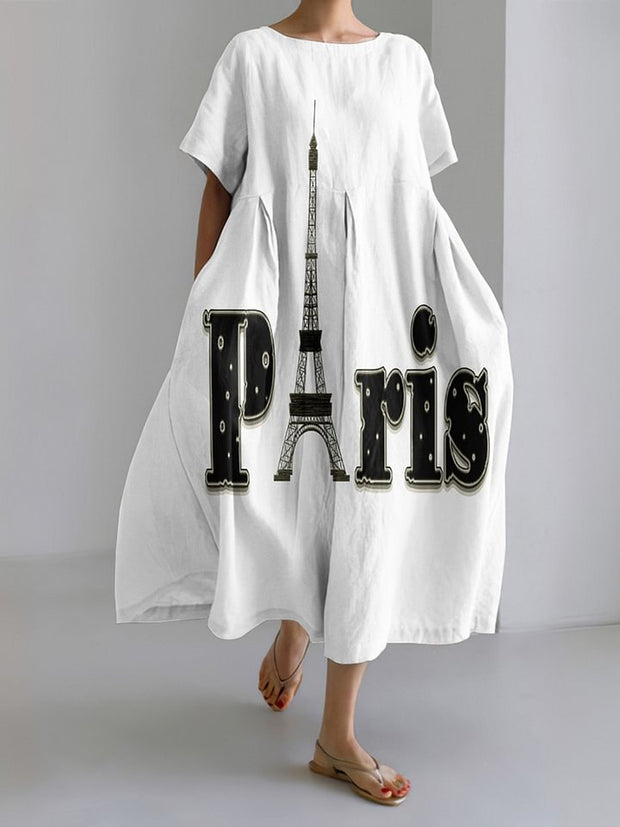 Paris Eiffel Tower Printed Short Sleeved Casual Midi Dress