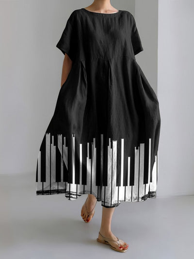 Piano Key Print Short Sleeved Loose Midi Dress