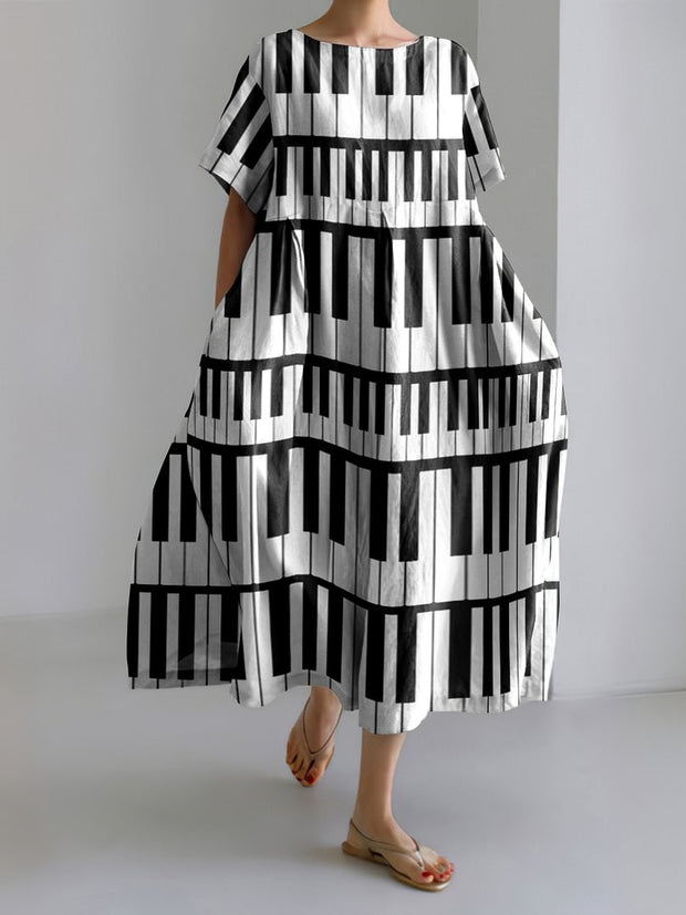 Piano Keys Print Round Neck Short-Sleeved Midi Dress