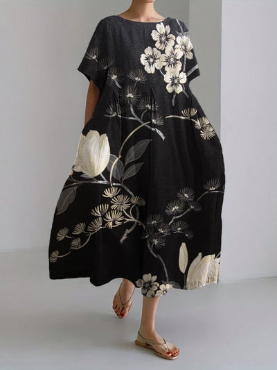 Pine Trees Floral Japanese Art Linen Blend Maxi Dress