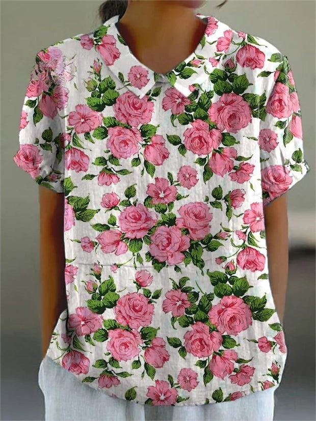 Pink French Rose Pattern Printed Women's Casual Cotton And Linen Shirt