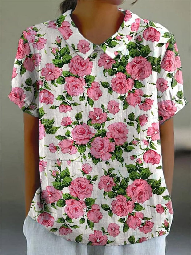 Pink French Rose Pattern Printed Women's Casual Cotton And Linen Shirt