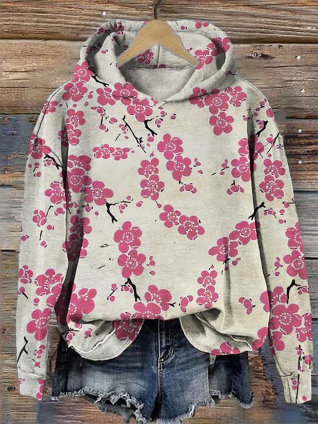Plum Blossom Japanese Lino Art Cozy Hoodie