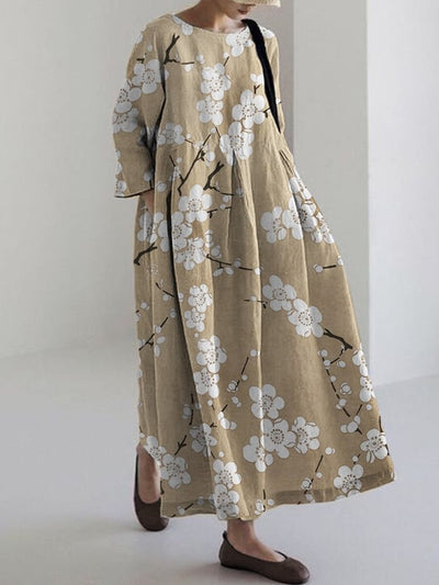 Plum Blossom Japanese Lino Pattern Linen Blend Maxi Dress