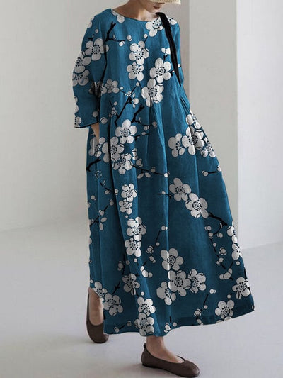Plum Blossom Japanese Lino Pattern Linen Blend Maxi Dress