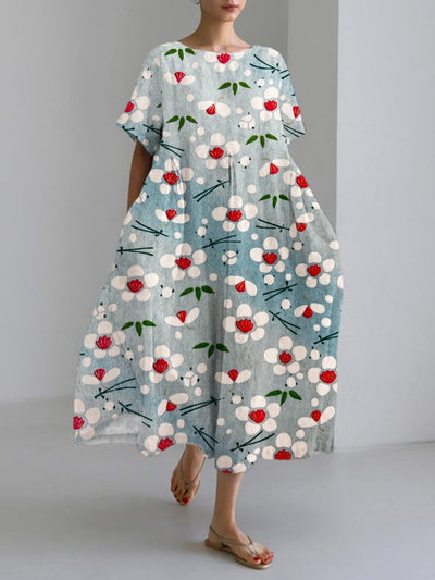 Plum & Bamboo Leaf Art Print Linen Blend Maxi Dress