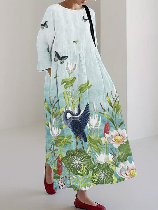 Pond Animals & Lotus Flower Print Linen Blend Maxi Dress