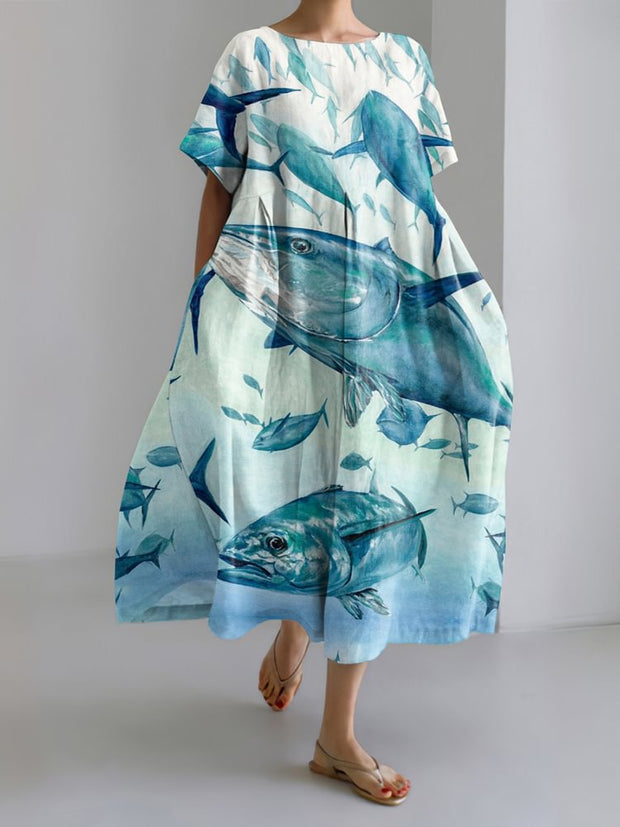 Retro Fish Ocean Art Print Pattern Linen Blend Dress