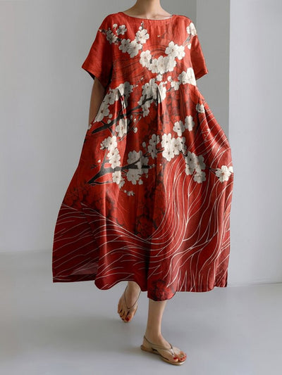 Retro Japanese Art Sakura Blossom Print Crew Neck Linen Blend Dress
