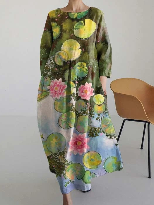 Retro Landscape Print Round Neck Long Sleeve Dress