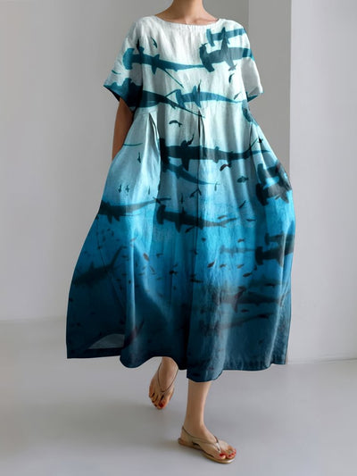 Retro Ocean Deep Sea Shark Art Print Pattern Linen Blend Dress