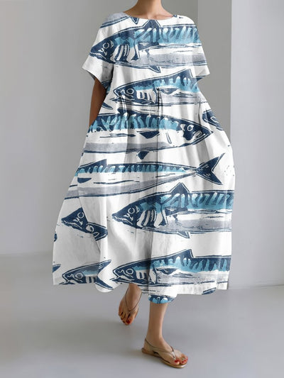 Retro Ocean Fish Art Print Pattern Linen Blend Dress
