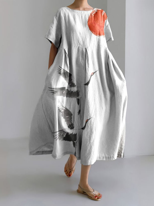 Retro Sunset Flying Crane Pattern Women'S Dress