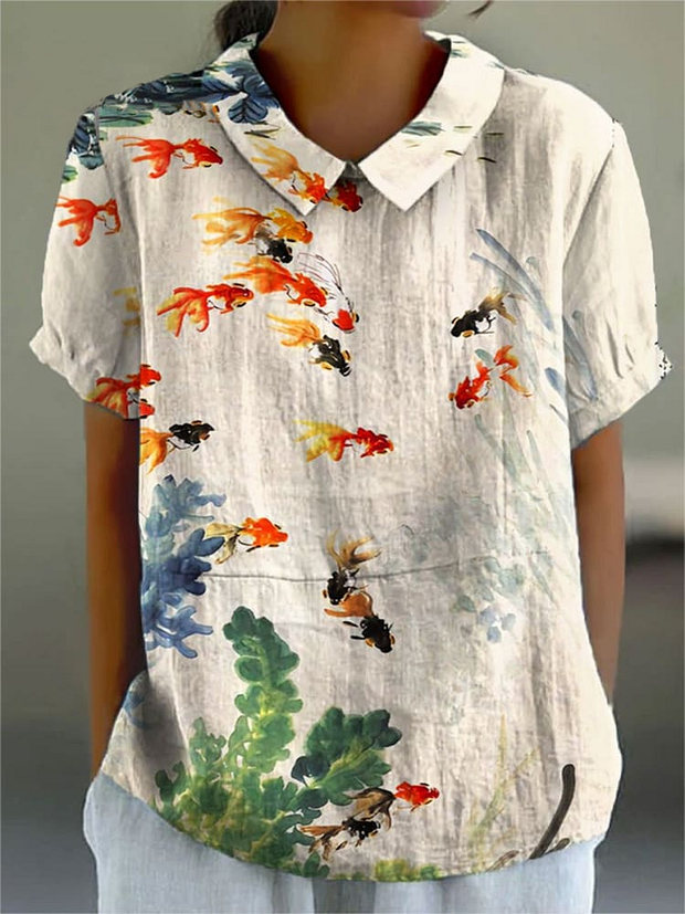 Retro Watercolor Fish Art Pattern Printed Casual Women's Cotton Linen Shirt