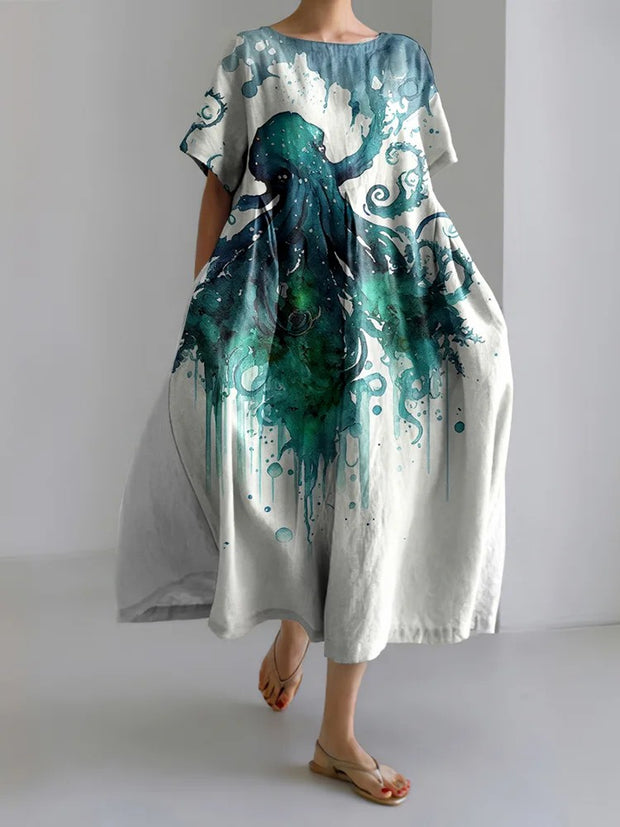 Retro Watercolor Mutated Octopus Print Short Sleeve Linen Blend Maxi Dress