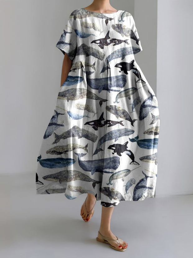 Retro Whale Art Fish Ocean Shark Art Print Pattern Linen Blend Dress