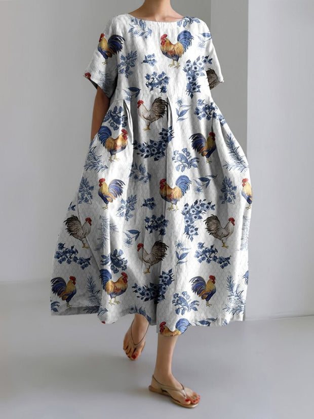 Rooster Print Short Sleeve Loose Midi Dress