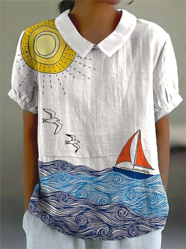 Sailing Little Boat Art Printed Women's Casual Cotton And Linen Shirt