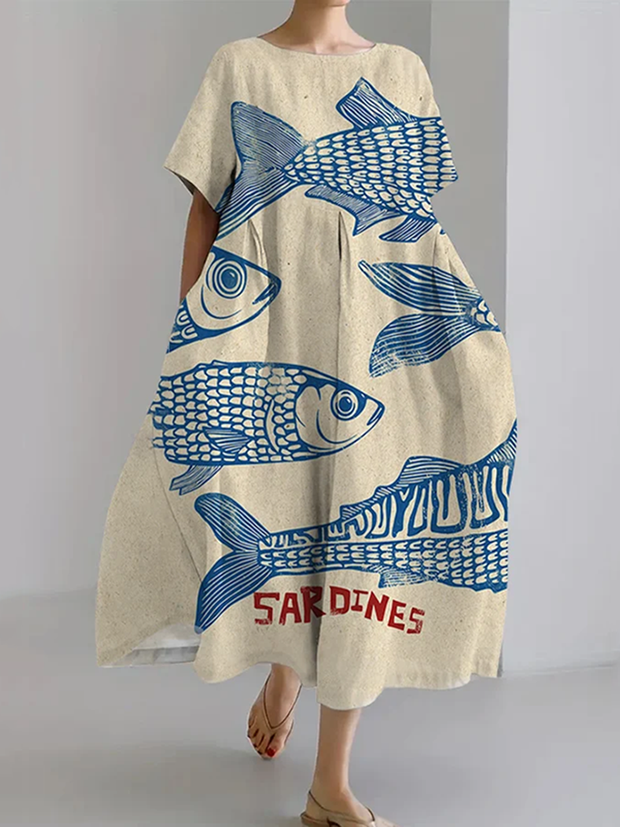 Sardines Knit Pattern Linen Women's Dress