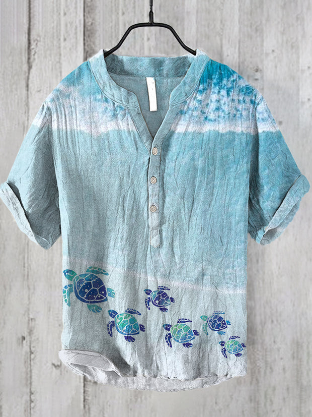 Sea Turtle Print Linen Blend Casual Shirt