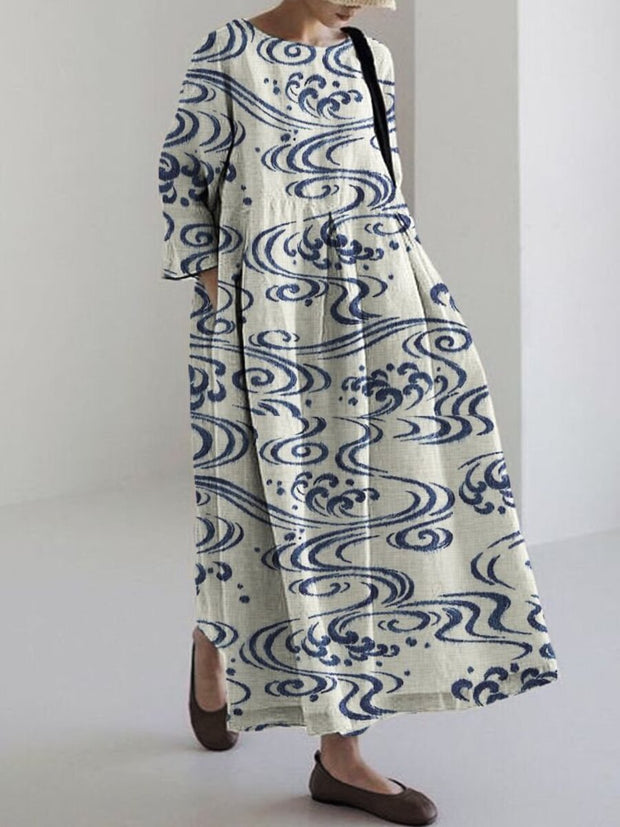 Sea Waves Japanese Art Linen Blend Maxi Dress