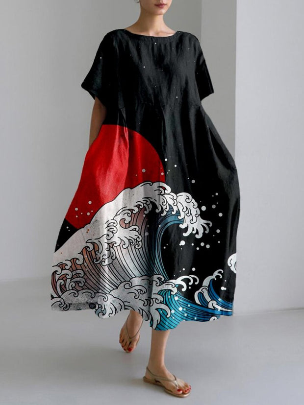 Sea Waves and Red Sun Japanese Art Linen Blend Maxi Dress