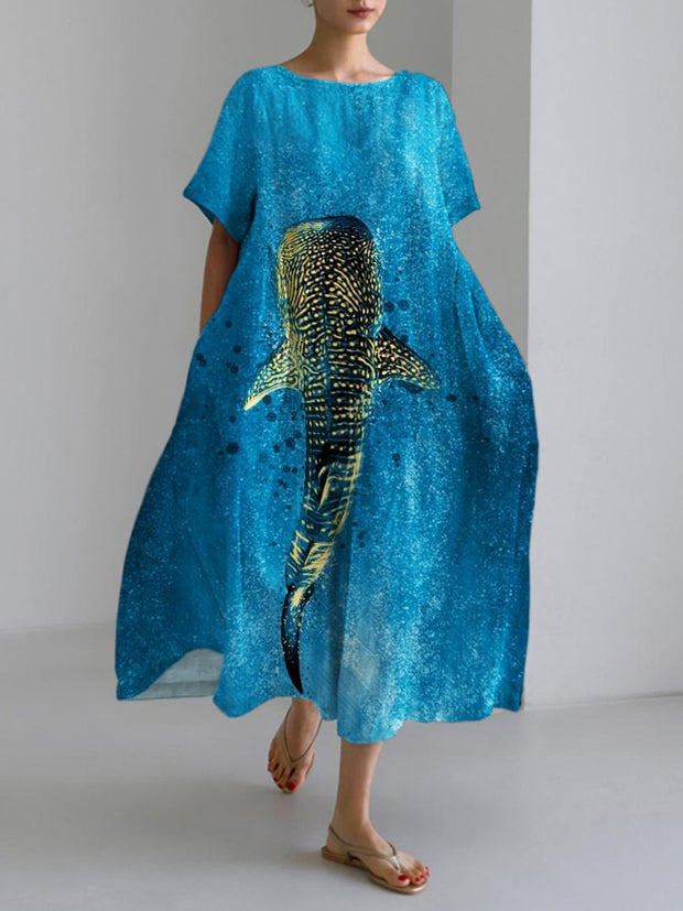 Sparkling Whale Shark Pattern Linen Maxi Dress