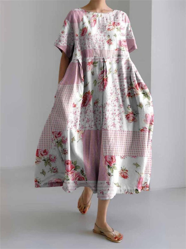 Squares Patchwork Pink Floral Print Loose Midi Dress