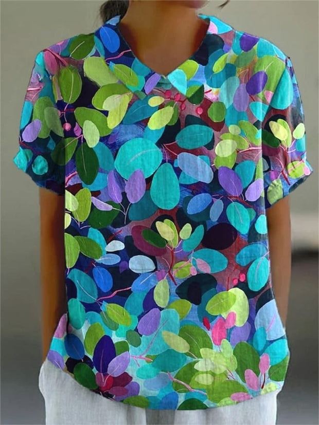 Summer Forest Art Printed Women's Casual Cotton And Linen Shirt