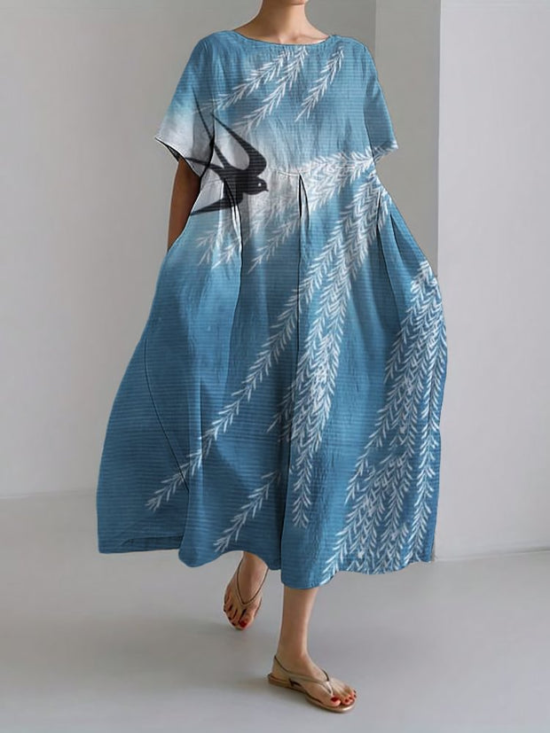 Swallow & Willows Japanese Art Linen Blend Maxi Dress