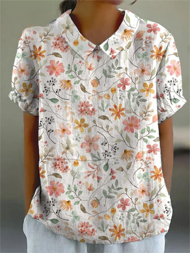 Sweet Watercolor Floral Repeat Pattern Printed Women's Casual Cotton And Linen Shirt