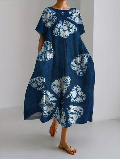 Tie Dye Flower Art Print Short Sleeve Casual Midi Dress