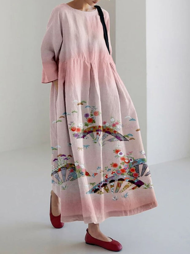 Traditional Japanese Floral Pattern Linen Blend Maxi Dress