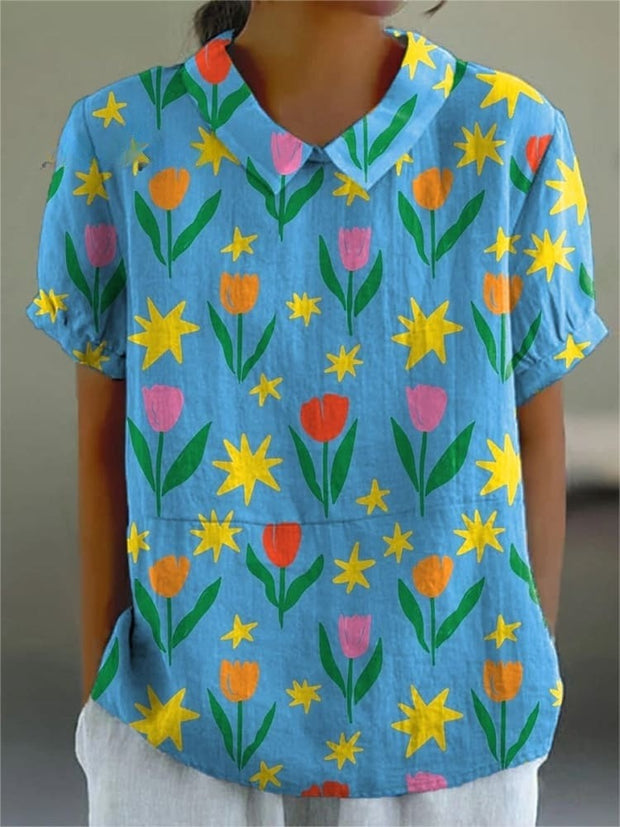 Tulip And Star Cartoon Pattern Printed Women's Casual Cotton And Linen Shirt