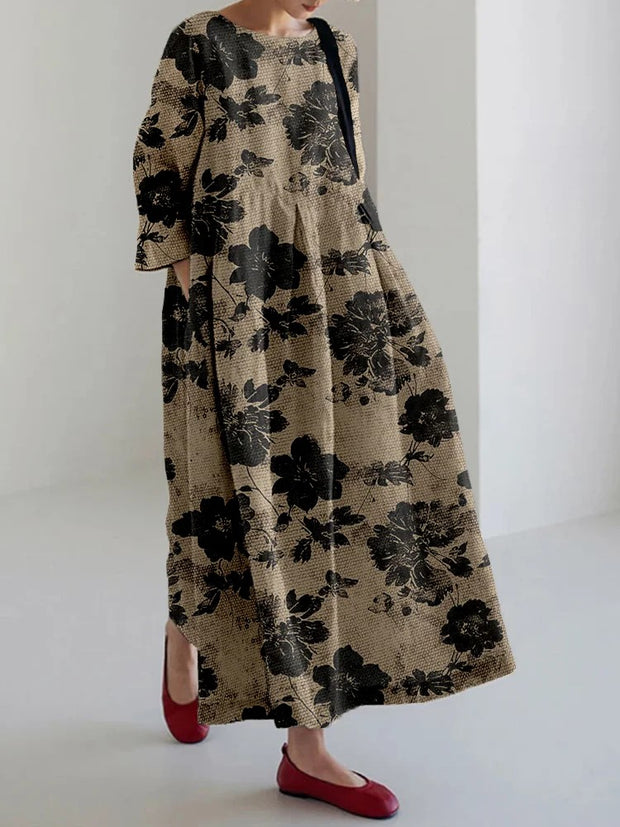 Vintage Abstract Floral Art Linen Blend Maxi Dress