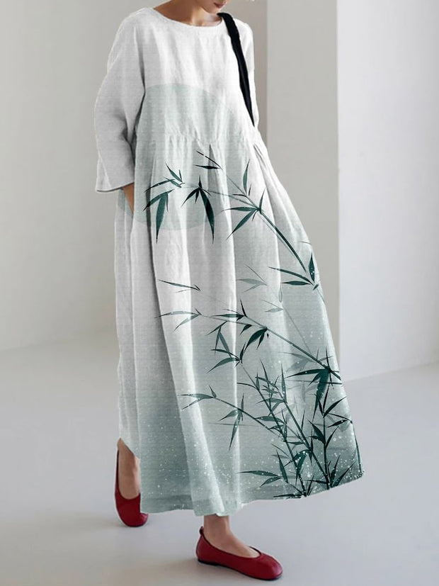 Vintage Bamboo Art Linen Blend Maxi Dress