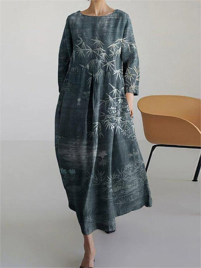 Vintage Bamboo Print Long Sleeve Casual Midi Dress