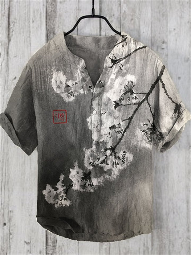 Vintage Blossom Japanese Ink Art Linen Blend Shirt