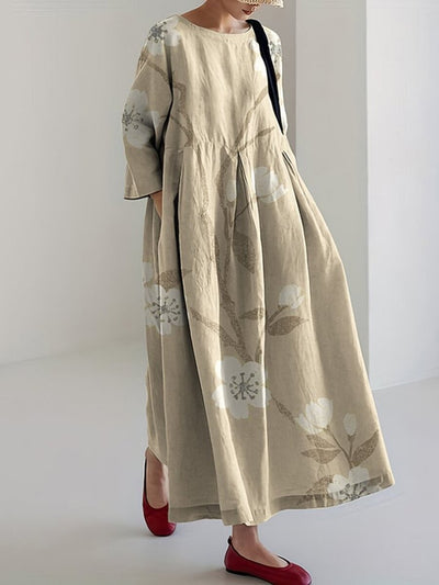 Vintage Blossom Linen Blend Comfy Maxi Dress