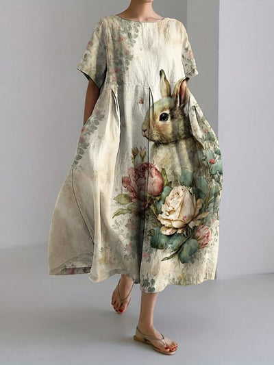Vintage Bunny Floral Art Linen Blend Maxi Dress