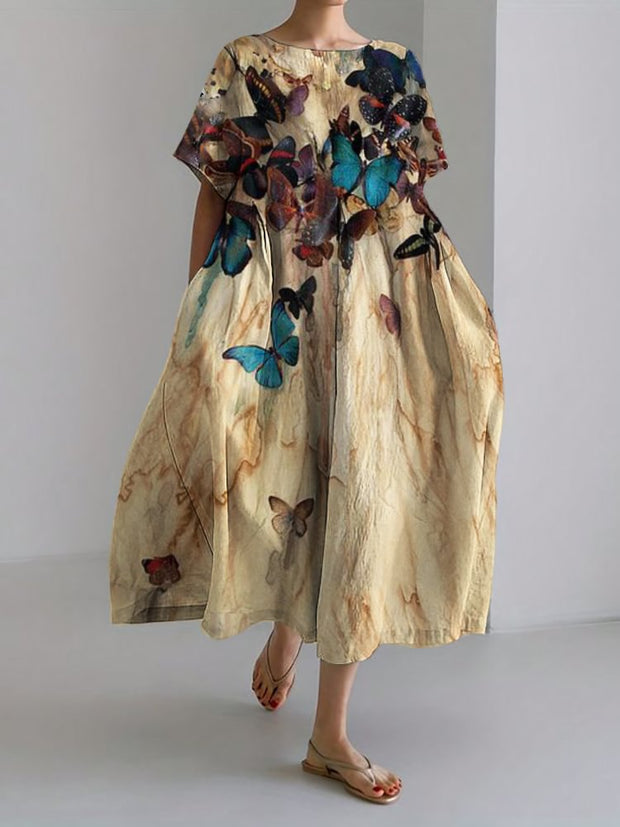 Vintage Butterflies 3D Art Linen Blend Maxi Dress