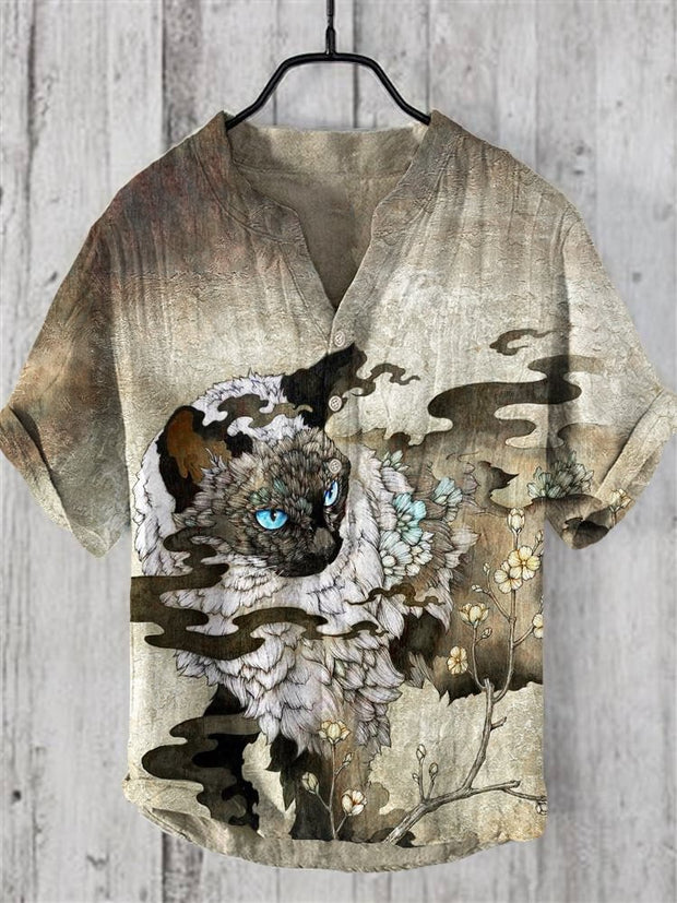 Vintage Cat Ink Print Casual Linen Shirt